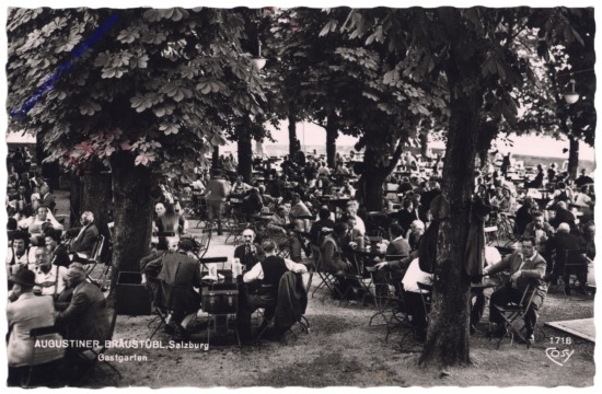 ak120640 Salzburg, Mülln, Augustiner Bräustüberl, Gastgarten