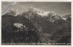 Werfen, Blick vom Aufstieg zur Eisriesenwelt auf Veste Hohenwerfen gegen das Hagengebirge