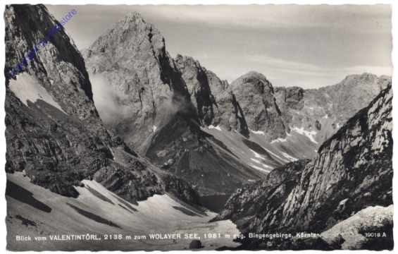 Hermagor, Blick vom Valentintörl zum Wolayer See geg. Biegengebirge
