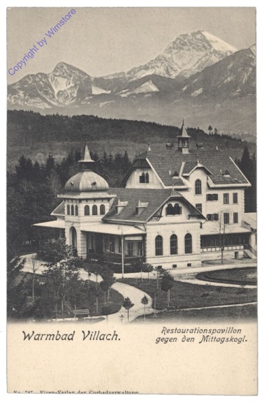 ak123289 Villach, Warmbad, Restaurationspavillon gegen den Mittagskogel