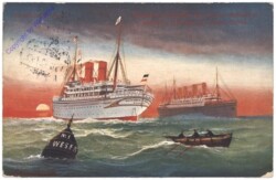 Norddeutscher Lloyd, "Friedrich der Große" und "Kaiser Wilhelm II" passieren sich bei der Weser-Tonne