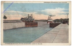 Streckfus steamer waitin to enter; Steamer Helen Blair leaving government locks at moline