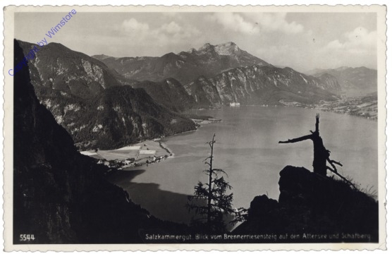 Attersee, Blick vom Brennerriesensteig auf den Attersee u. Schafberg