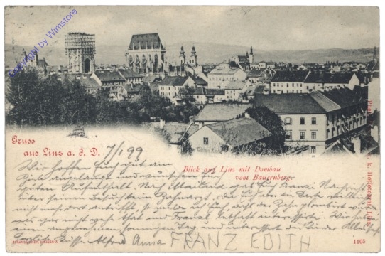 Linz an der Donau, Blick auf Linz mit Dombau vom Bauernberg