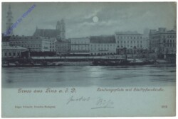 Linz an der Donau, Landungsplatz mit Stadtpfarrkirche, Mondschein