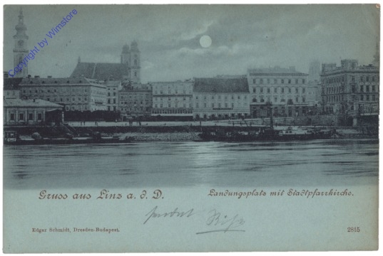 Linz an der Donau, Landungsplatz mit Stadtpfarrkirche, Mondschein