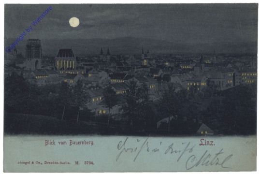 Linz an der Donau, Blick vom Bauernberg bei Nacht