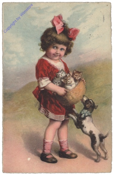 Mädchen mit Korb voll Kätzchen und Hund