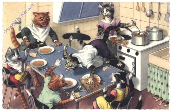 ak124813 Katzen streiten am Esstisch