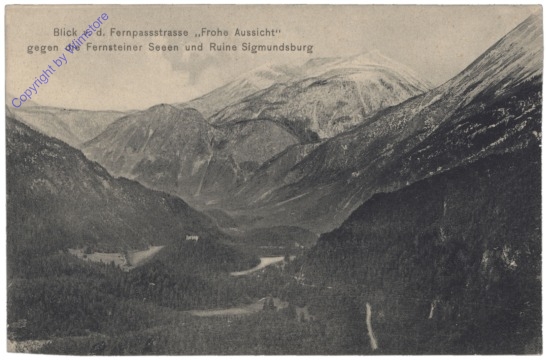 Fernstein, Blick v.d. Fernpassstrasse "Frohe Aussicht" gegen die Fernsteiner Seen und Ruine Sigmundsburg