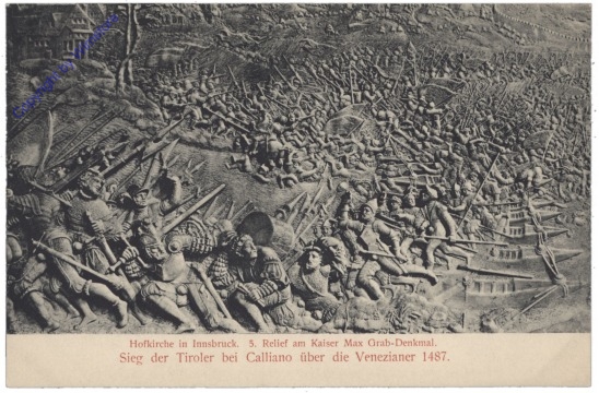 Innsbruck, Hofkirche, 5. Relief am Kaiser Max Gab-Denkmal, Sieg der Tiroler bei Calliano über die Venezianer 1487