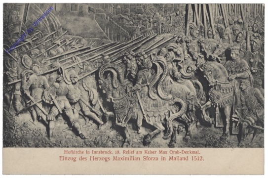 Innsbruck, Hofkirche, 18. Relief am Kaiser Max Gab-Denkmal, Einzug des Herzogs Maximilian Sforza in Mailand 1512
