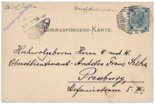 Innsbruck, Leopoldstrasse oberhalb der Triumphpforte mit Dampfstrassenbahn