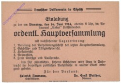 Postkarte aus 1914; Einladung zur Hauptversammlung