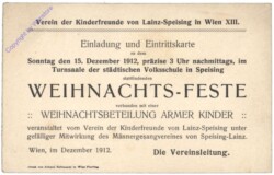 Postkarte aus 1912; Verein der Kinderfreunde von Lainz-Speising; Einladung und Eintrittskarte