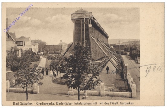 Bad Salzuflen, Gradierwerke, Badehäuser, Inhalatorium mit Teil des Fürstl. Kurparkes