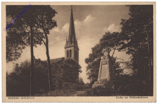 ak127179_2 Insel Usedom, Ahlbeck, Kirche mit Heldendenkstein
