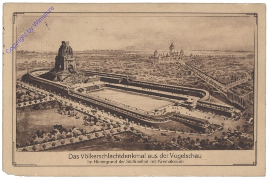 Leipzig, Völkerschlachtdenkmal, im Hintergrund der Südfriedhof mit Krematorium