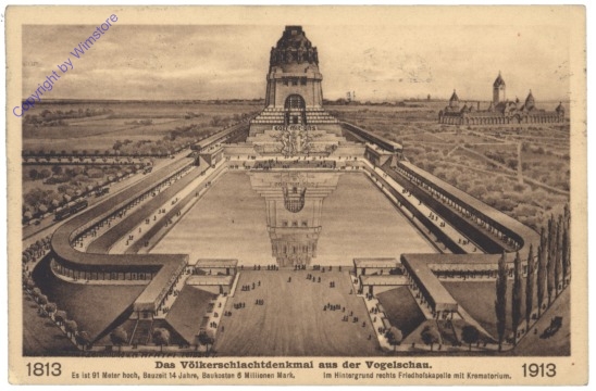 Leipzig, Völkerschlachtdenkmal, im Hintergrund rechts Friedhofskapelle mit Krematorium