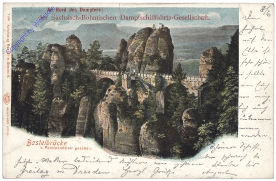 Rathen, Basteibrücke v. Ferdinandstein gesehen; An Bord des Dampfers: der Sächsischen-Bömischen Dampfschiffahrts-Gesellschaft