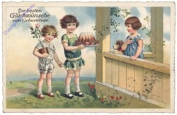 Kinder bringen Kuchen und Blumen, Geburtstag