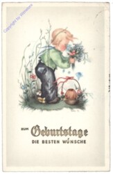 Bub mit Blumen und Kuchen, Geburtstag