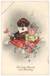 Hund mit Karte und Geschenken, Geburtstag