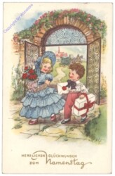 Kinder mit Blumen und Geschenk, Namenstag