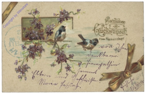 ak129875 Vögel mit Blumen, Namenstag