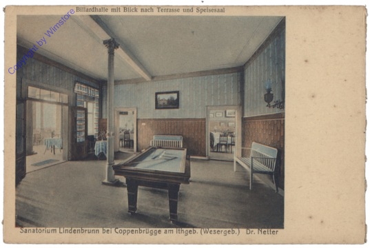 Billard, Sanatorium Lindenbrunn bei Coppenbrügge am Ithgeb., Dr. Netter, Billardhalle mit Blick nach Terrasse und Speisesaal