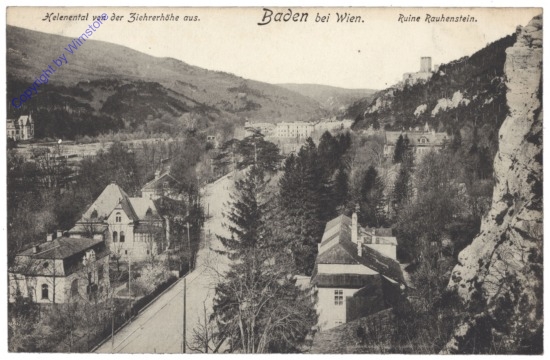 Baden, Helenental von der Ziehrerhöhe aus. Ruine Rauhenstein