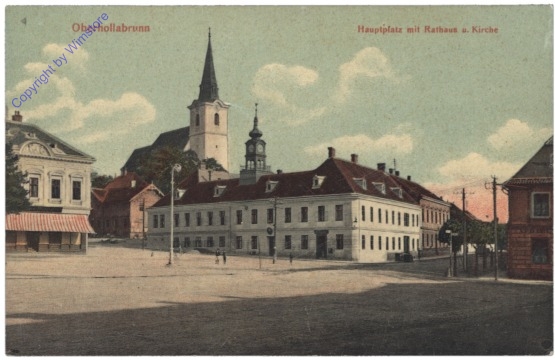 Hollabrunn, Oberhollabrunn, Hauptplatz mit Rathaus u. Kirche