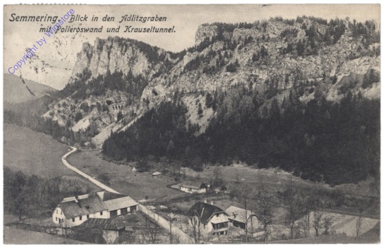 Semmering, Blick in den Adlitzgraben mit Polleroswand und Krauseltunnel