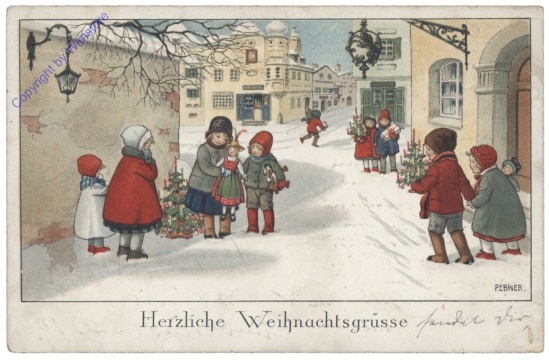 Kinder auf der Strasse mit Geschenken und Bäumen