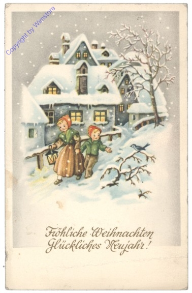 Geschwister im Schnee vor dem Ort