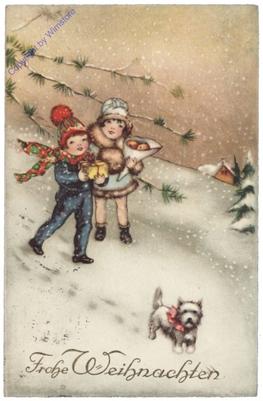 Kinder mit Geschenken und Äpfeln