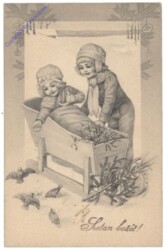 Mädchen mit Schlitten füttern Vögel