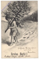 ak133858 Kind trägt Christbaum