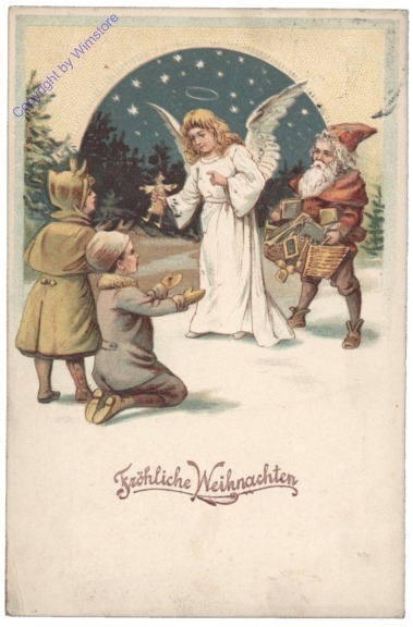 Christkind und Weihnachtsmann verteilen Geschenke