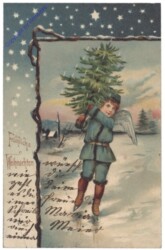 Engerl mit Schlittschuhen trägt den Baum