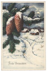 Zapfen über verschneitem Dorf