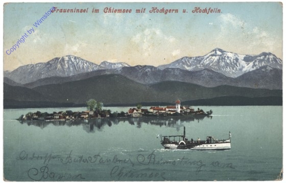 Chiemsee, Fraueninsel im Chiemsee mit Hochgern und Hochfelln