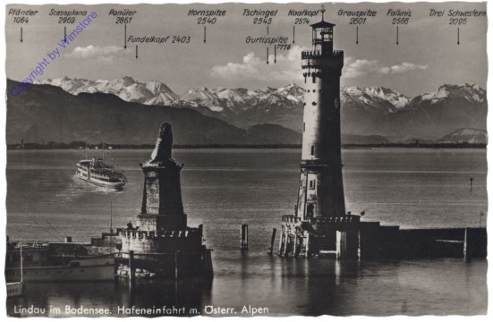 Lindau, Hafeneinfahrt mit Österr. Alpen