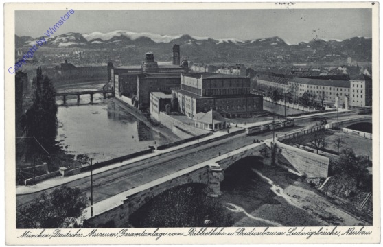München, Deutsches Museum, Gesamtanlage vorn Bibliotheks- u. Studienbau m. Ludwigsbrücke, Neubau