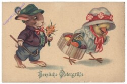 Hasen schenkt Kücken einen Blumenstrauß