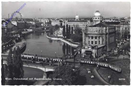 Wien 1, Donaukanal mit Aspernbrücke, Urania
