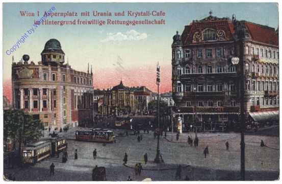 Wien 1, Aspernplatz mit Urania und Krystall-Cafe im Hintergrund freiwillige Rettungsgesellschaft