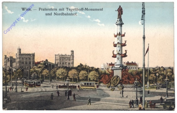 Wien 2, Praterstern mit Tegetthoff-Denkmal und Nordbahnhof