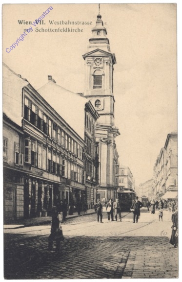 Wien 7, Westbahnstrasse mit Schottenfeldkirche