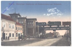 Wien 11, Simmeringer Hauptstrasse mit Eisenbahnviaduct und Haltestelle